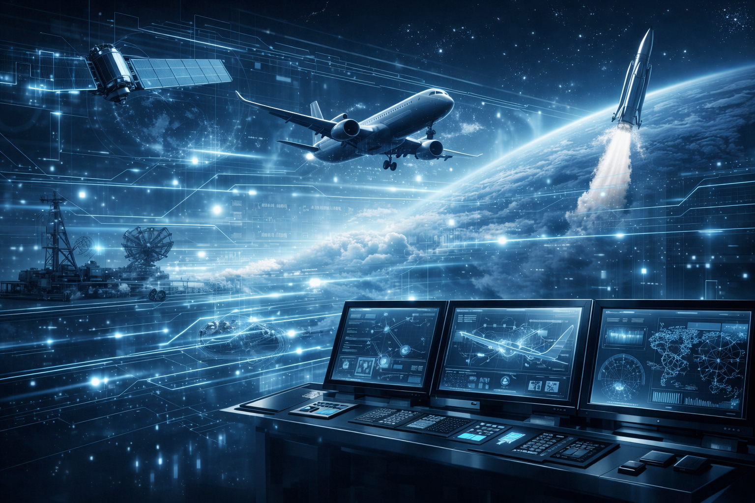 Aerospace and defence inspired visual with aircraft, spacecraft and mission-control interfaces