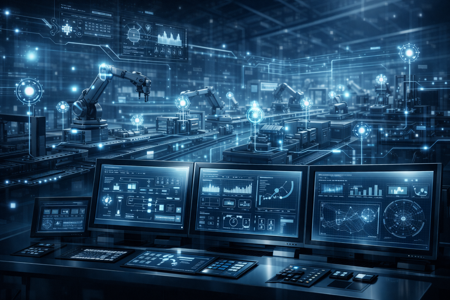 Industrial automation and SCADA environment with robotic systems and supervisory dashboards