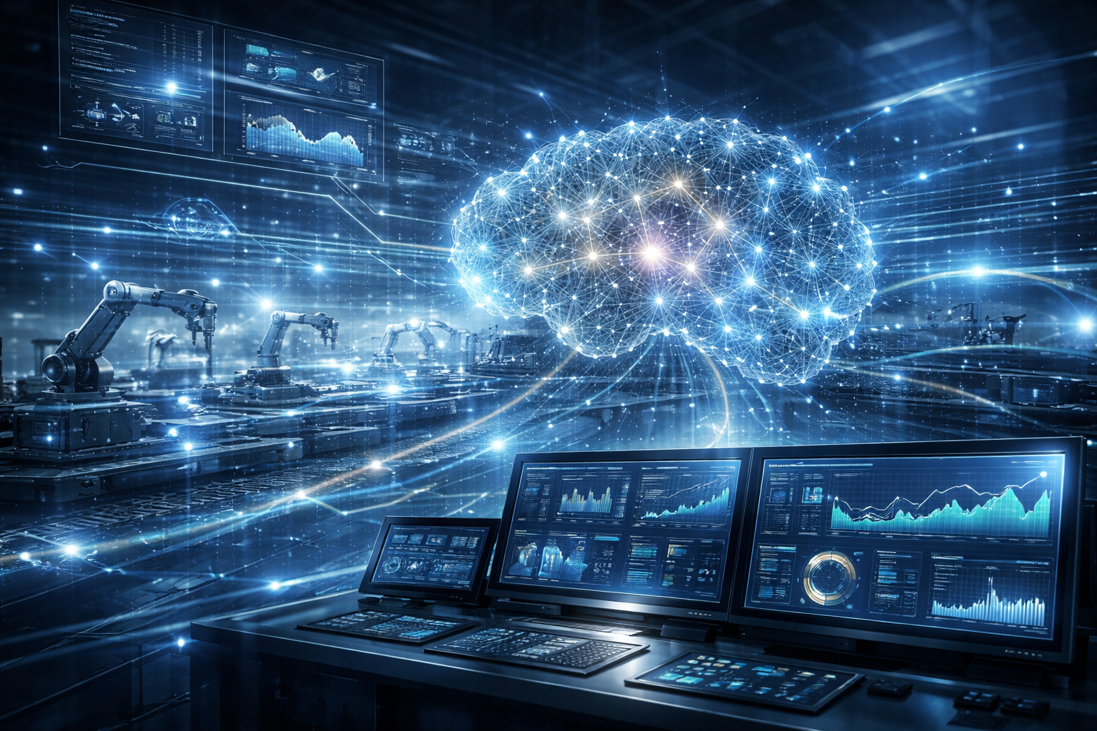 AI-driven industrial analytics visual with neural network concept and operational dashboards